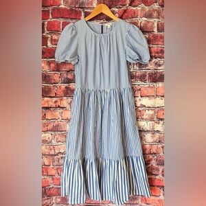 J. Crew Blue and White Pleated Puff Sleeve Sundress